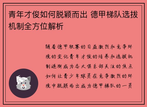 青年才俊如何脱颖而出 德甲梯队选拔机制全方位解析