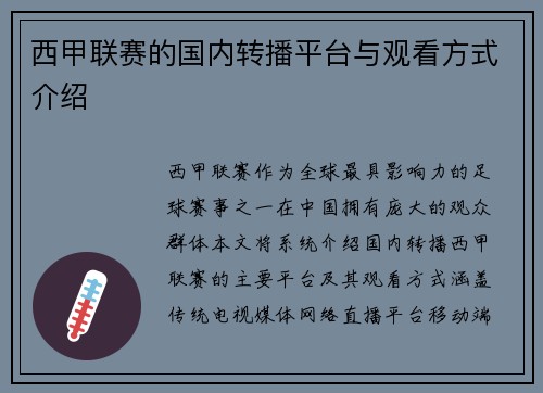 西甲联赛的国内转播平台与观看方式介绍
