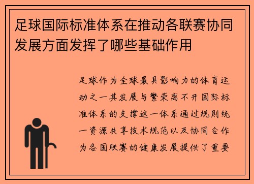 足球国际标准体系在推动各联赛协同发展方面发挥了哪些基础作用
